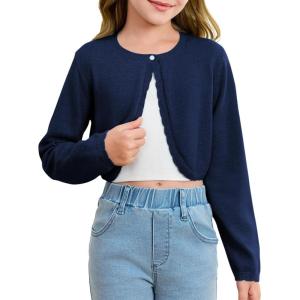 Girls Long Sleeve Bolero Cardigan Sweater Kids Cute Button Knit Shrug Cropped Sweaters Tops(Navy Blue)