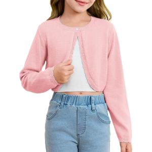 Girls Long Sleeve Bolero Cardigan Sweater Kids Cute Button Knit Shrug Cropped Sweaters Tops(Pink)