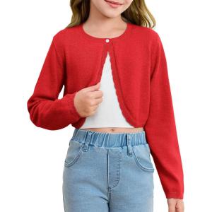 Girls Long Sleeve Bolero Cardigan Sweater Kids Cute Button Knit Shrug Cropped Sweaters Tops(Red)