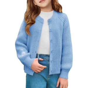 Haloumoning Girls Cardigan Button Down Long Sleeve Chunky Knit Sweater Fall Cute Outerwear Coat 5-14Y(Blue)