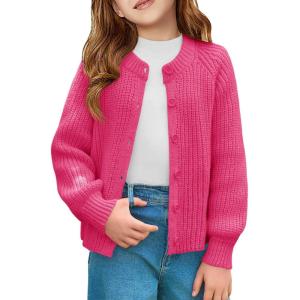 Haloumoning Girls Cardigan Button Down Long Sleeve Chunky Knit Sweater Fall Cute Outerwear Coat 5-14Y(Hot Pink)