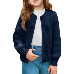 Haloumoning Girls Cardigan Button Down Long Sleeve Chunky Knit Sweater Fall Cute Outerwear Coat 5-14Y(Navy)