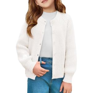 Haloumoning Girls Cardigan Button Down Long Sleeve Chunky Knit Sweater Fall Cute Outerwear Coat 5-14Y(White)