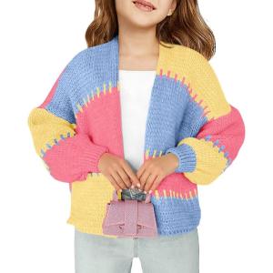 Haloumoning Girls Color Block Cardigan Sweaters Kids Chunky Open Front Knitted Sweater 5-14 Years(Blue)