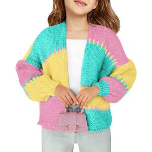 Haloumoning Girls Color Block Cardigan Sweaters Kids Chunky Open Front Knitted Sweater 5-14 Years(Light Green)