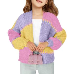 Haloumoning Girls Color Block Cardigan Sweaters Kids Chunky Open Front Knitted Sweater 5-14 Years(Light Purple)