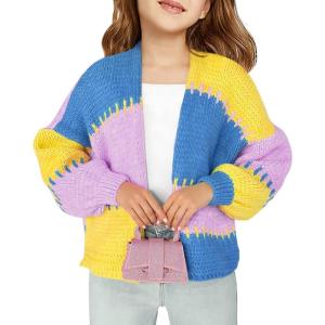 Haloumoning Girls Color Block Cardigan Sweaters Kids Chunky Open Front Knitted Sweater 5-14 Years(Purple)