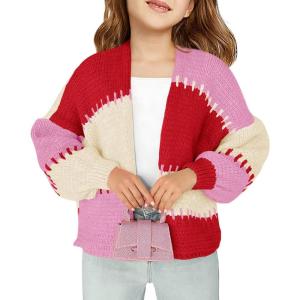 Haloumoning Girls Color Block Cardigan Sweaters Kids Chunky Open Front Knitted Sweater 5-14 Years(Red)