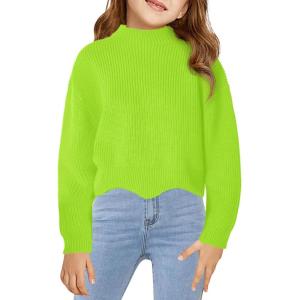 Haloumoning Girls Mock Neck Sweaters Kids Fall Fashion Long Batwing Sleeve Rib Knit Pullover Clothes 5-14 Years(Green)
