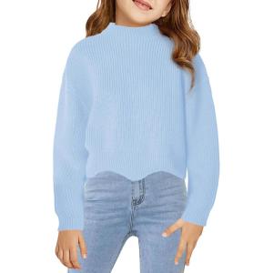 Haloumoning Girls Mock Neck Sweaters Kids Fall Fashion Long Batwing Sleeve Rib Knit Pullover Clothes 5-14 Years(Light Blue)