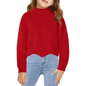 Haloumoning Girls Mock Neck Sweaters Kids Fall Fashion Long Batwing Sleeve Rib Knit Pullover Clothes 5-14 Years(Red)