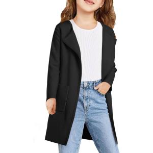 Haloumoning Girls Open Front Cardigan Casual Long Sleeve Knit Sweater Kids Fall Solid Cute Outerwear Coat 5-14Y(Black)