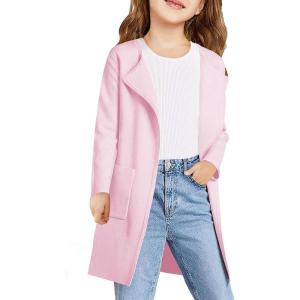 Haloumoning Girls Open Front Cardigan Casual Long Sleeve Knit Sweater Kids Fall Solid Cute Outerwear Coat 5-14Y(Pink)