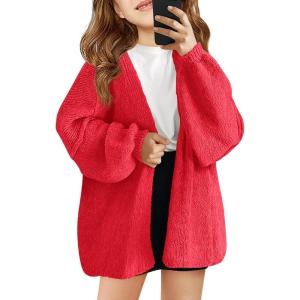 Haloumoning Girls Oversized Cardigan Sweaters Kids Fashion Open Front Long Sleeve Knit Sweater 5-14 Years(Red)