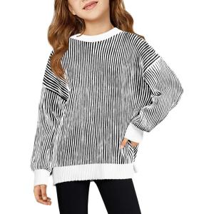 Haloumoning Girls Striped Pullover Sweaters Chenille Crew Neck Cable Knit Tops 5-14 Years(Black)