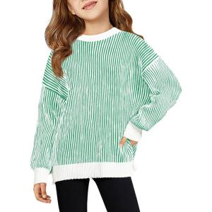 Haloumoning Girls Striped Pullover Sweaters Chenille Crew Neck Cable Knit Tops 5-14 Years(Green)