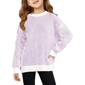 Haloumoning Girls Striped Pullover Sweaters Chenille Crew Neck Cable Knit Tops 5-14 Years(Purple)