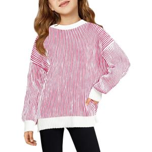 Haloumoning Girls Striped Pullover Sweaters Chenille Crew Neck Cable Knit Tops 5-14 Years(Rose Red)