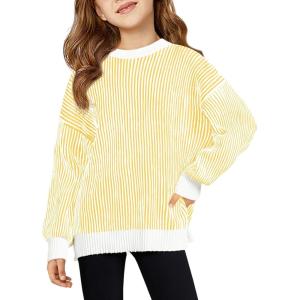 Haloumoning Girls Striped Pullover Sweaters Chenille Crew Neck Cable Knit Tops 5-14 Years(Yellow)
