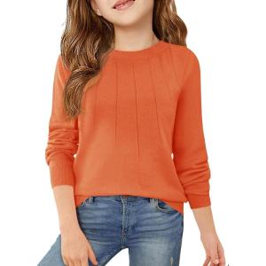 Haloumoning Girls Sweaters Kids Crewneck Long Sleeve Pleated Knit Pullover Sweater Fall Fashion Clothes 5-14 Years(Orange)