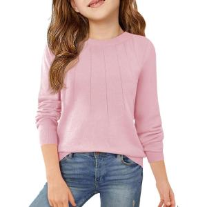 Haloumoning Girls Sweaters Kids Crewneck Long Sleeve Pleated Knit Pullover Sweater Fall Fashion Clothes 5-14 Years(Pink)