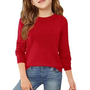Haloumoning Girls Sweaters Kids Crewneck Long Sleeve Pleated Knit Pullover Sweater Fall Fashion Clothes 5-14 Years(Red)