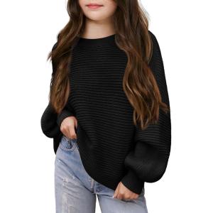 Haloumoning Girls Sweaters Long Sleeve Crewneck Pullover Jumper Cute Winter Knit Blouse Tops 7-14 Years(Black)