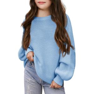 Haloumoning Girls Sweaters Long Sleeve Crewneck Pullover Jumper Cute Winter Knit Blouse Tops 7-14 Years(Blue)