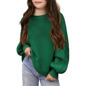 Haloumoning Girls Sweaters Long Sleeve Crewneck Pullover Jumper Cute Winter Knit Blouse Tops 7-14 Years(Dark Green)