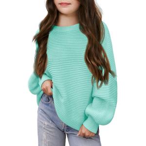 Haloumoning Girls Sweaters Long Sleeve Crewneck Pullover Jumper Cute Winter Knit Blouse Tops 7-14 Years(Light Green)