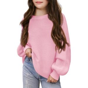 Haloumoning Girls Sweaters Long Sleeve Crewneck Pullover Jumper Cute Winter Knit Blouse Tops 7-14 Years(Pink)