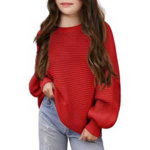 Haloumoning Girls Sweaters Long Sleeve Crewneck Pullover Jumper Cute Winter Knit Blouse Tops 7-14 Years(Red)