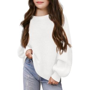 Haloumoning Girls Sweaters Long Sleeve Crewneck Pullover Jumper Cute Winter Knit Blouse Tops 7-14 Years(White)