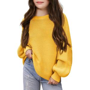Haloumoning Girls Sweaters Long Sleeve Crewneck Pullover Jumper Cute Winter Knit Blouse Tops 7-14 Years(Yellow)