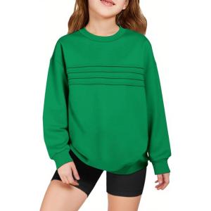 Haloumoning Kids Girls Crewneck Sweatshirt Casual Long Sleeve Pleated Front Casual Fall Pullover Tops 5-14 Years(Green)