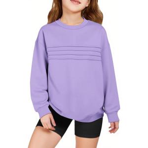 Haloumoning Kids Girls Crewneck Sweatshirt Casual Long Sleeve Pleated Front Casual Fall Pullover Tops 5-14 Years(Violet)
