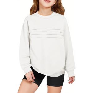 Haloumoning Kids Girls Crewneck Sweatshirt Casual Long Sleeve Pleated Front Casual Fall Pullover Tops 5-14 Years(White)