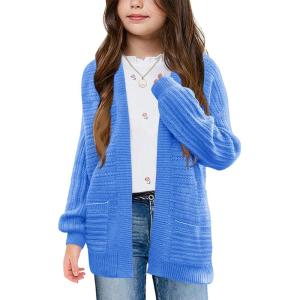 Haloumoning Kids Girls Open Front Cardigan Sweaters Long Sleeve Cable Knit Fashion Clothes with Pockets 5-14 Years(Blue)