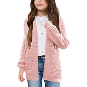 Haloumoning Kids Girls Open Front Cardigan Sweaters Long Sleeve Cable Knit Fashion Clothes with Pockets 5-14 Years(Pink)