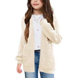 Haloumoning Kids Girls Open Front Cardigan Sweaters Long Sleeve Cable Knit Fashion Clothes with Pockets 5-14 Years(White)