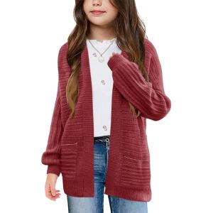 Haloumoning Kids Girls Open Front Cardigan Sweaters Long Sleeve Cable Knit Fashion Clothes with Pockets 5-14 Years(Wine Red)