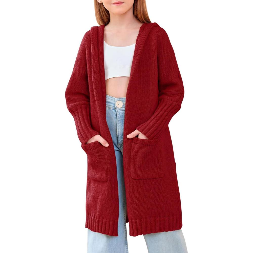 image:imageGirls Hooded Long Cardigan Kids Fashion Open Front Knit Sweater Outerwear Coat 514 YearsBurgundy