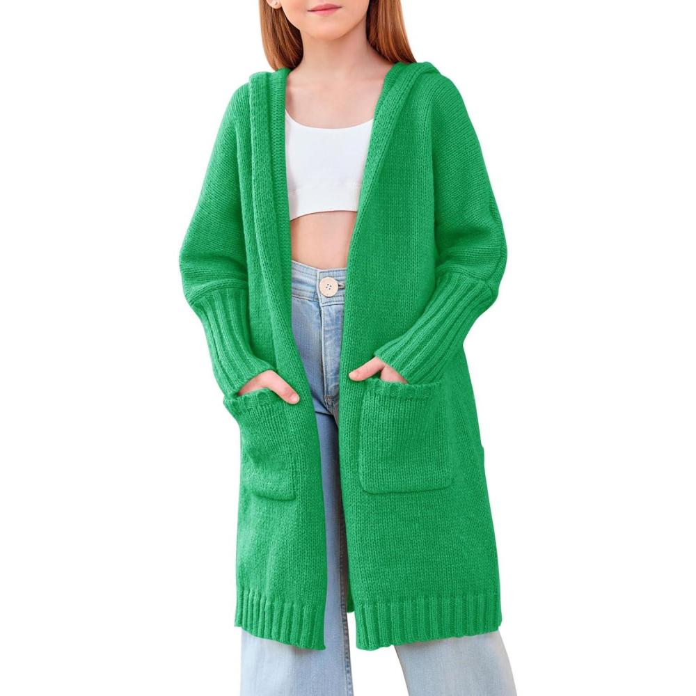 image:imageGirls Hooded Long Cardigan Kids Fashion Open Front Knit Sweater Outerwear Coat 514 YearsGreen