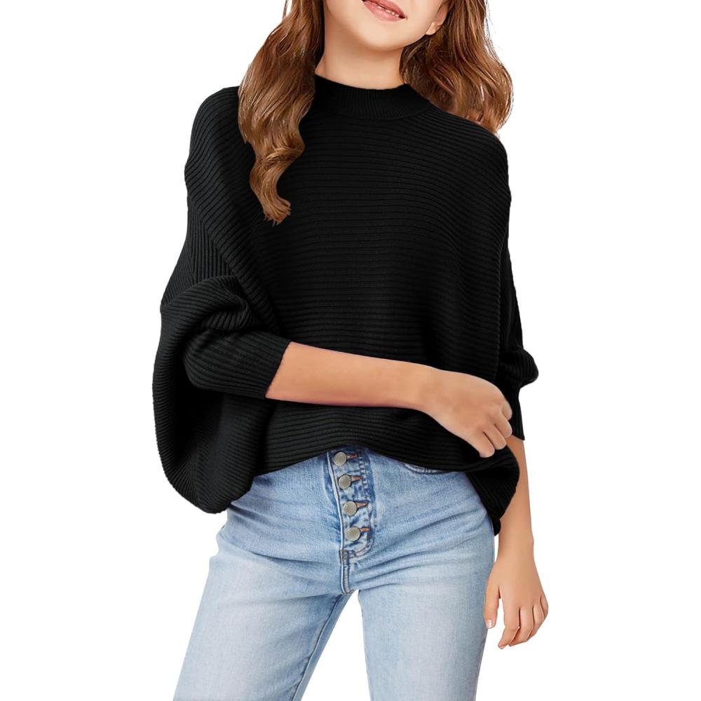 image:imageGirls Oversized Sweater Kids Fashion Batwing Sleeve Ribbed Knit Pullover Tops 514 YearsBlack