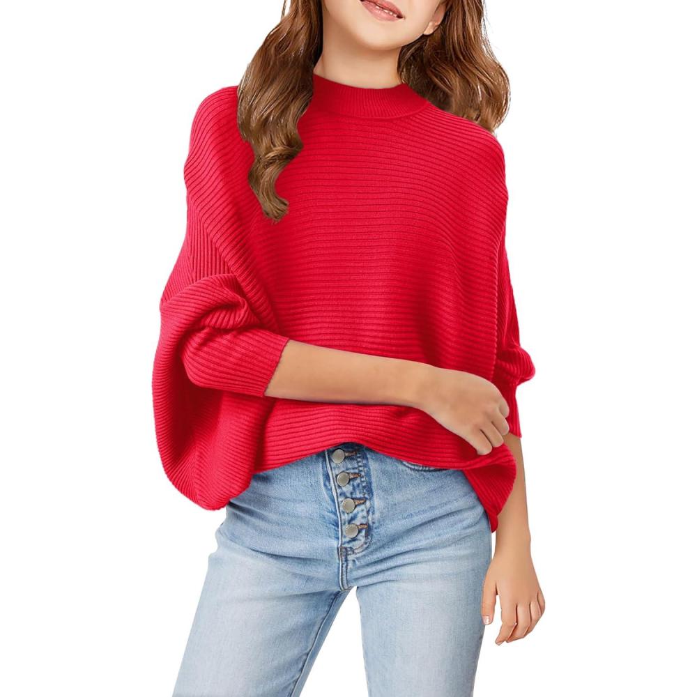 image:imageGirls Oversized Sweater Kids Fashion Batwing Sleeve Ribbed Knit Pullover Tops 514 YearsRed