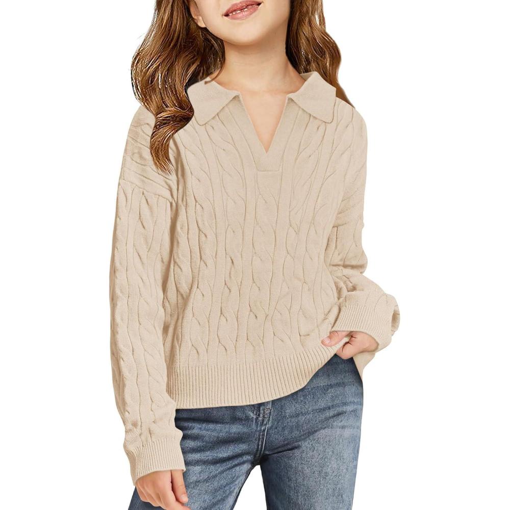 image:imageGirls Sweaters Kids Fashion Cable Knit Collared V Neck Pullover Sweater Tops 514 YearsKhaki