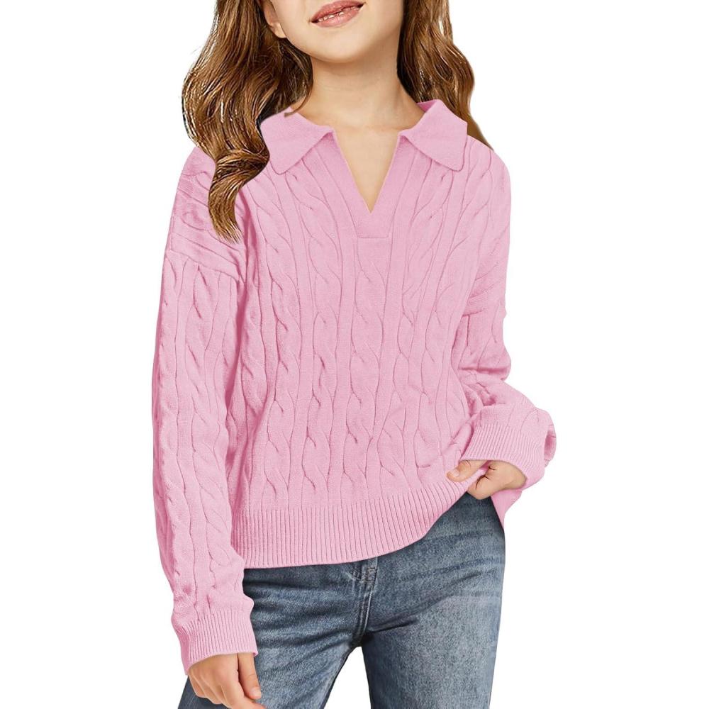 image:imageGirls Sweaters Kids Fashion Cable Knit Collared V Neck Pullover Sweater Tops 514 YearsPink