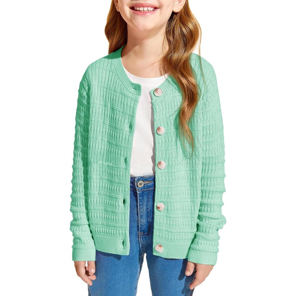 image:imageHaloumoning Girls Button Down Cardigan Jackets Kids Long Sleeve Cable Knit Sweaters 514 YearsGreen