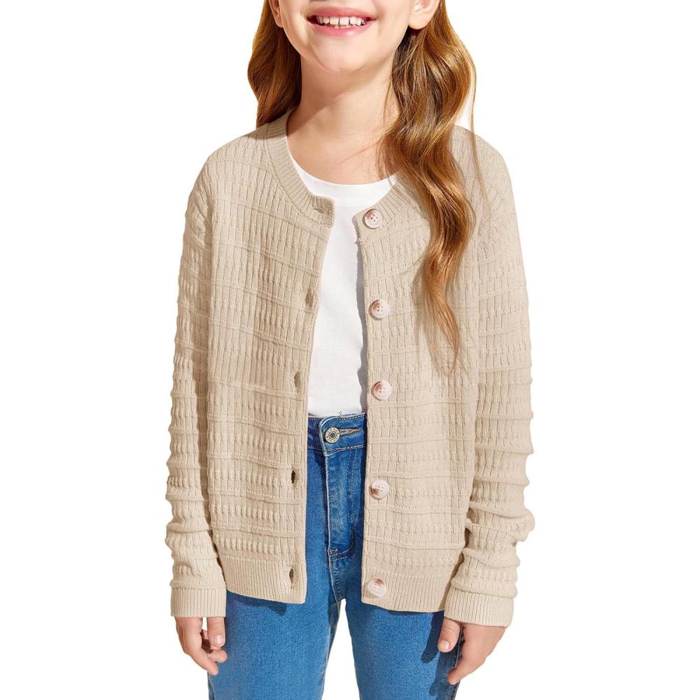 image:imageHaloumoning Girls Button Down Cardigan Jackets Kids Long Sleeve Cable Knit Sweaters 514 YearsKhaki