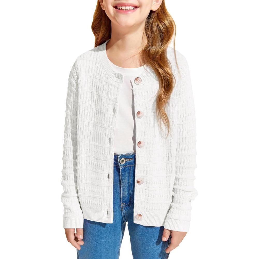 image:imageHaloumoning Girls Button Down Cardigan Jackets Kids Long Sleeve Cable Knit Sweaters 514 YearsWhite